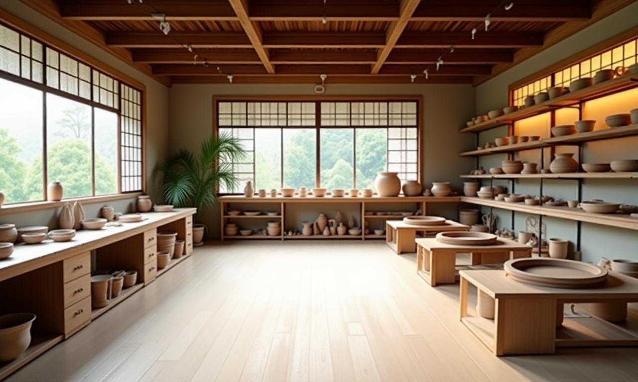 狸庵陶房の広々とした作業場内観、ろくろと土が並ぶ