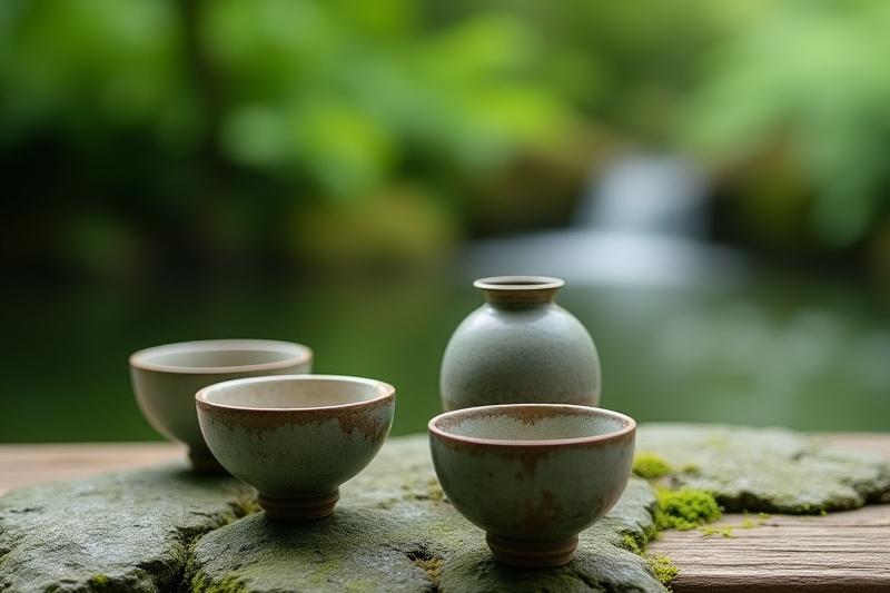 自然光の下で展示された手作りの湯呑みと花瓶