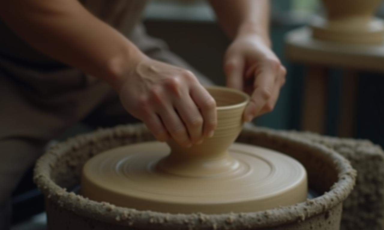 陶芸家の手がろくろで粘土を形作る様子