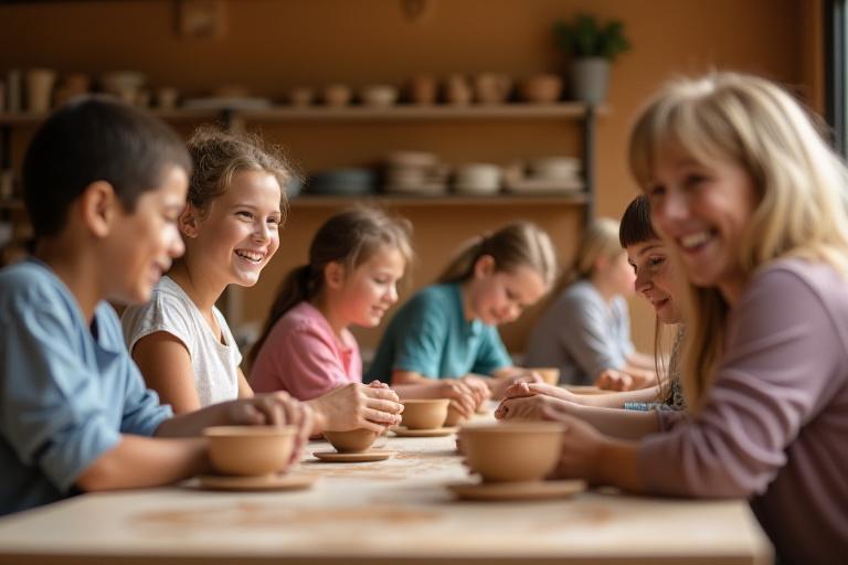 陶芸教室で笑顔で制作する参加者