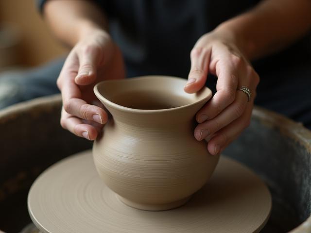 電動ろくろで丁寧に陶器を成形する手元