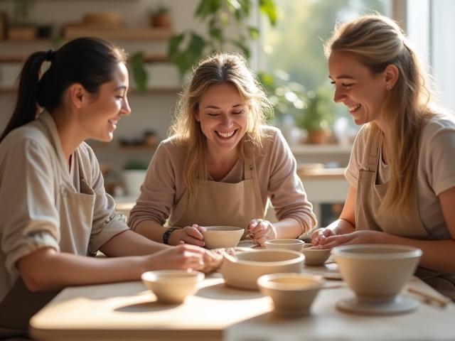 友人たちと陶芸を楽しみながら会話する様子