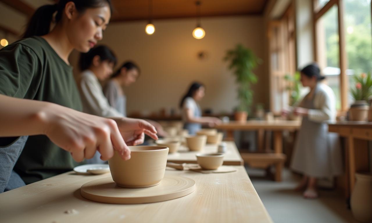 ワークショップスペースで陶芸に集中する生徒たち
